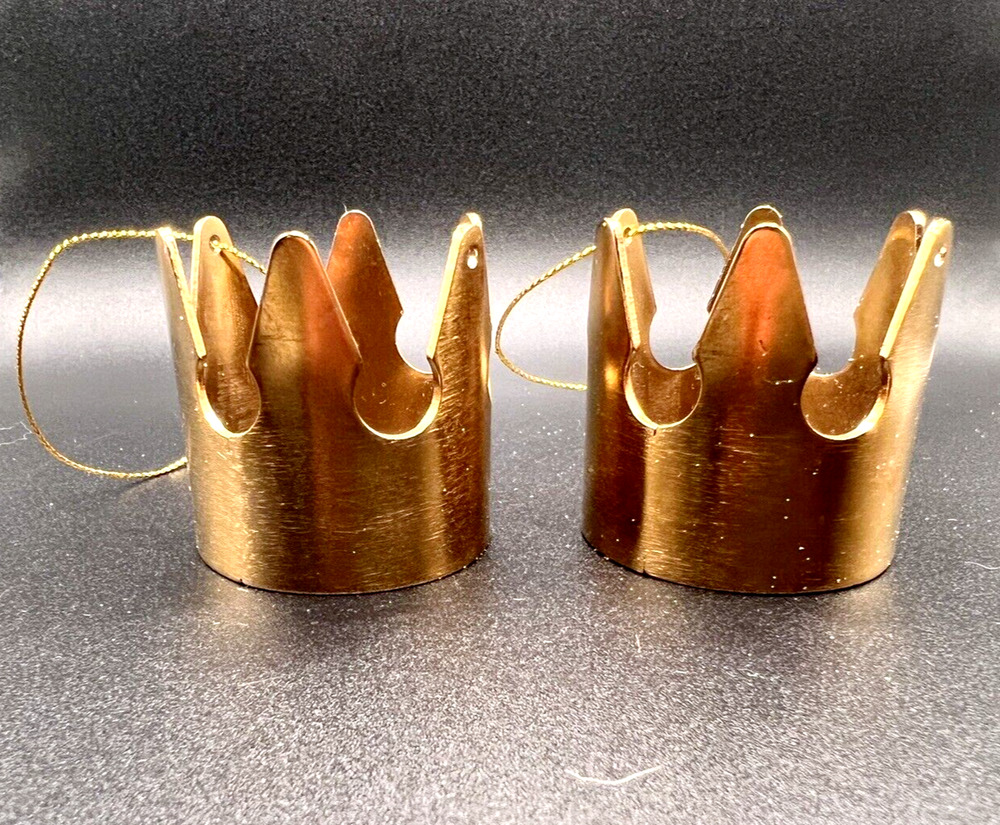 Lot Set of 2 Vintage Hanging Christmas Gold Metal King Princess Crown Ornaments